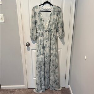 Baltic Born Green Plunge Neck Bishop Sleeve Gown